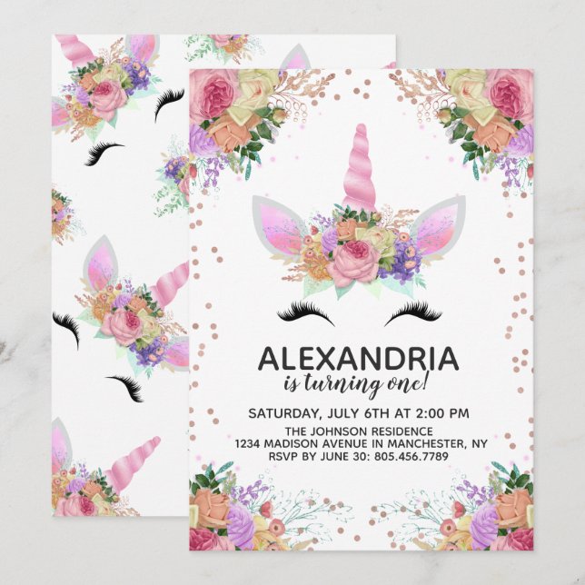 Bright Floral Unicorn Birthday Invitation (Front/Back)