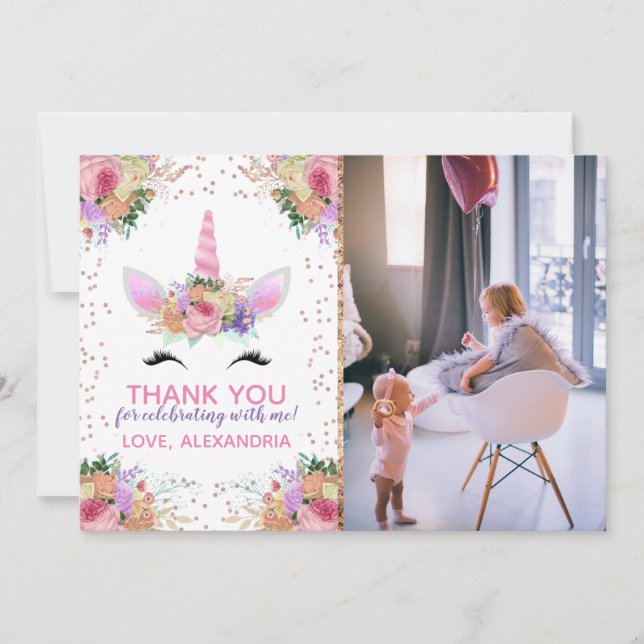 Bright Floral Unicorn Thank You Invitation (Front)