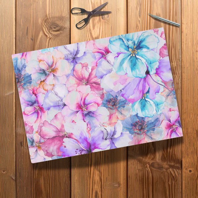 Bright Floral Watercolor Flowers Decoupage Tissue Paper (Featuring vibrant watercolor flowers in stunning colorful hues - perfect for decoupage and crafting)