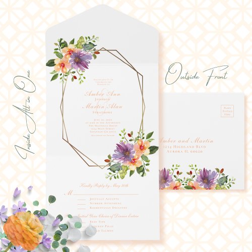 Bright Floral Watercolor Purple Peach Wedding  All In One Invitation