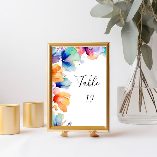 Bright Floral Watercolor Wedding Table Number Card