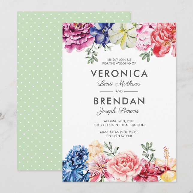 Bright Floral Watercolour Wedding invitation (Front/Back)