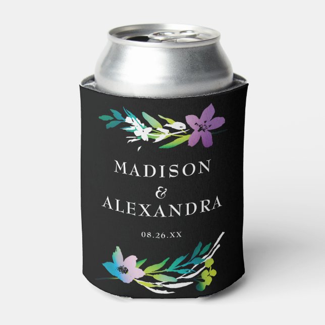 Bright Floral Wedding Names & Date Can Cooler (Can Front)