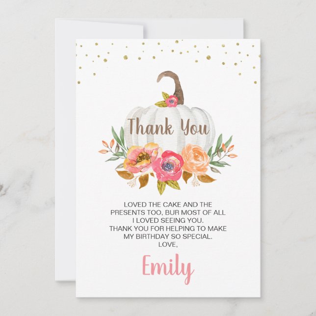 Bright Floral White Pumpkin Thank You Card (Front)
