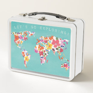 Bright Floral World Teal Metal Lunch Box