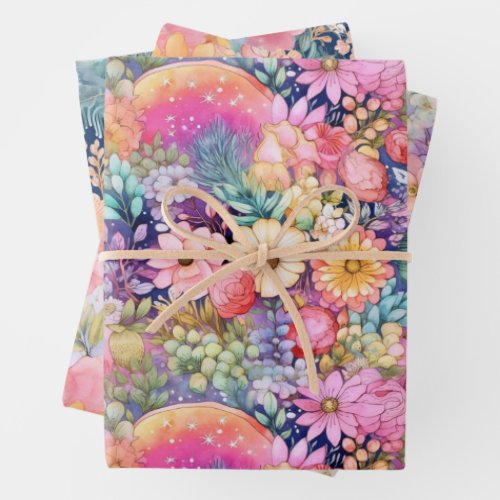 Bright Florals and Cute Rainbows Watercolor  Wrapping Paper Sheets