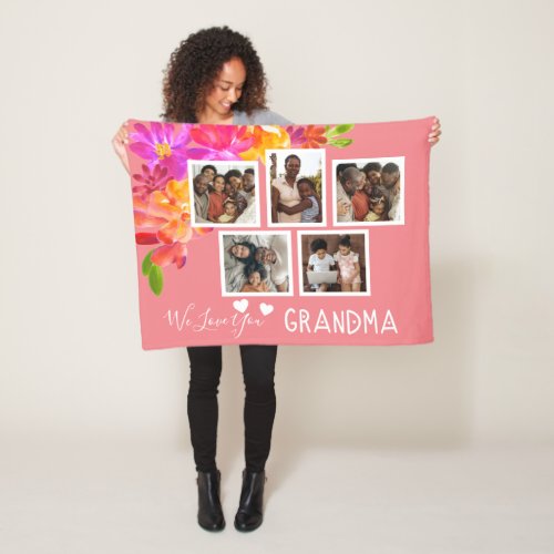 Bright Florals Love You Grandma Photo Collage Fleece Blanket