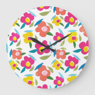 Bright Florals on White Large Clock