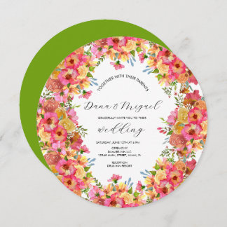 Bright Florals Pink Mix Watercolor Wedding Circle Invitation