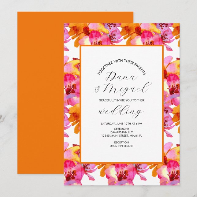 Bright Florals Pink Orange Watercolor Wedding  Card (Front/Back)