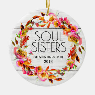 Bright Florals & White Shiplap Soul Sisters Friend Ceramic Ornament