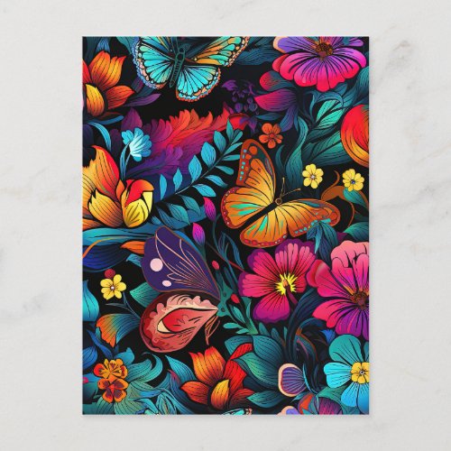 Bright Flower and Butterfly Pattern Postcard