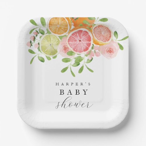 Bright flower and citrus baby shower paper plates