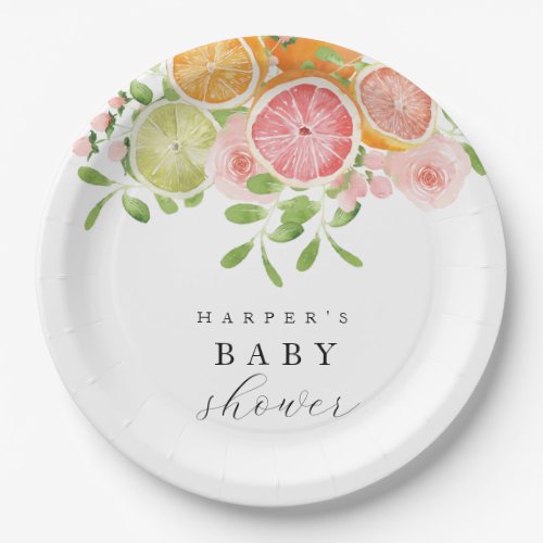 Bright flower and citrus baby shower paper plates