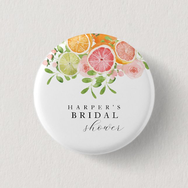 Bright flower and citrus bridal shower button (Front)