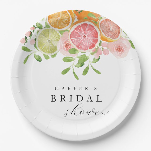 Bright flower and citrus bridal shower paper plates (Front)