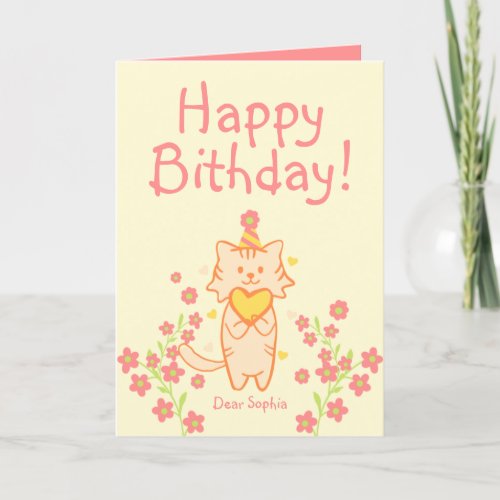 Bright FlowerCute Cat wearing HatHeart Birthday Card