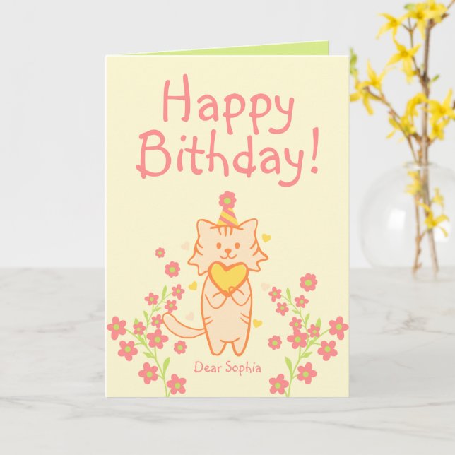 Bright Flower&Cute Cat wearing Hat&Heart Birthday  Card (Yellow Flower)