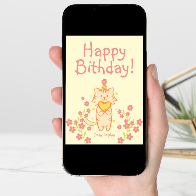 Bright Flower&Cute Cat wearing Hat&Heart Birthday  Card (Front Digital)