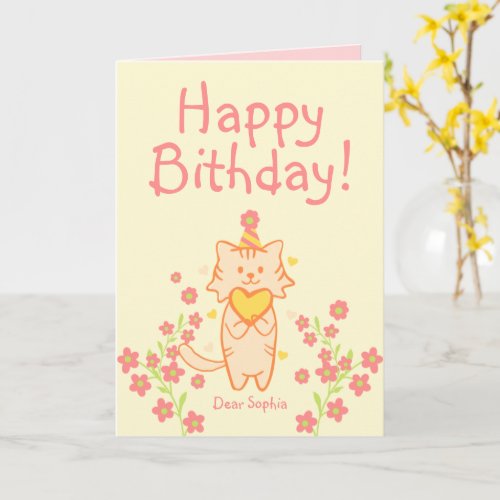 Bright Flower&Cute Cat wearing Hat&Heart Birthday 
