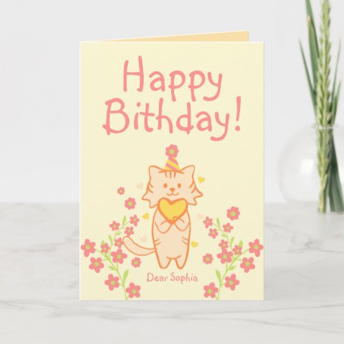 Bright Flower&Cute Cat wearing Hat&Heart Birthday  Card