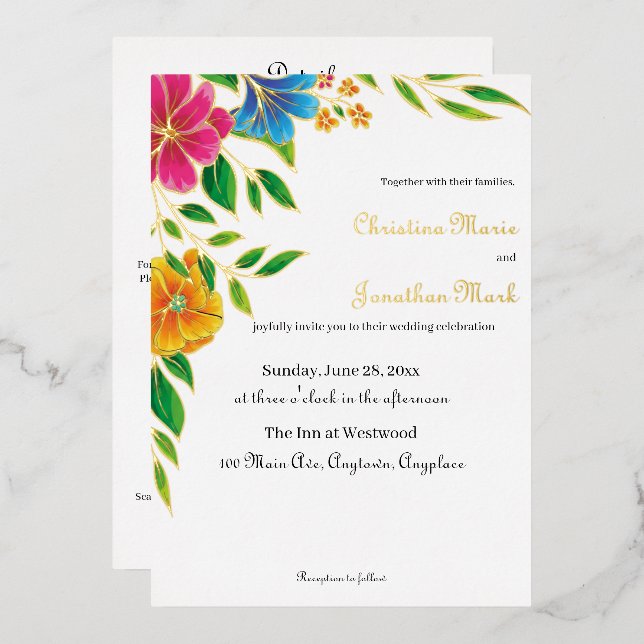 Bright Flower Spring Summer Wedding QR code Foil Invitation (Front/Back)