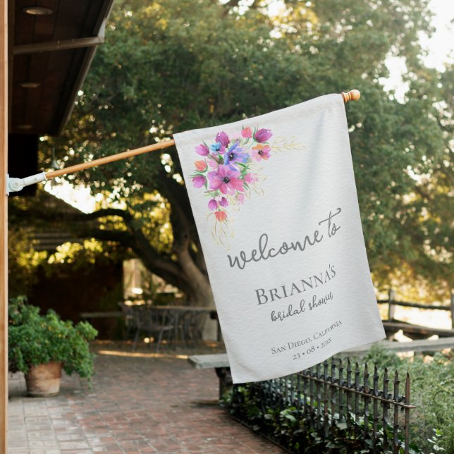 Bright Flowers and Gold Bridal Shower Welcome House Flag (In SItu)