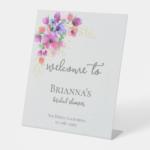 Bright Flowers and Gold Bridal Shower Welcome Pedestal Sign