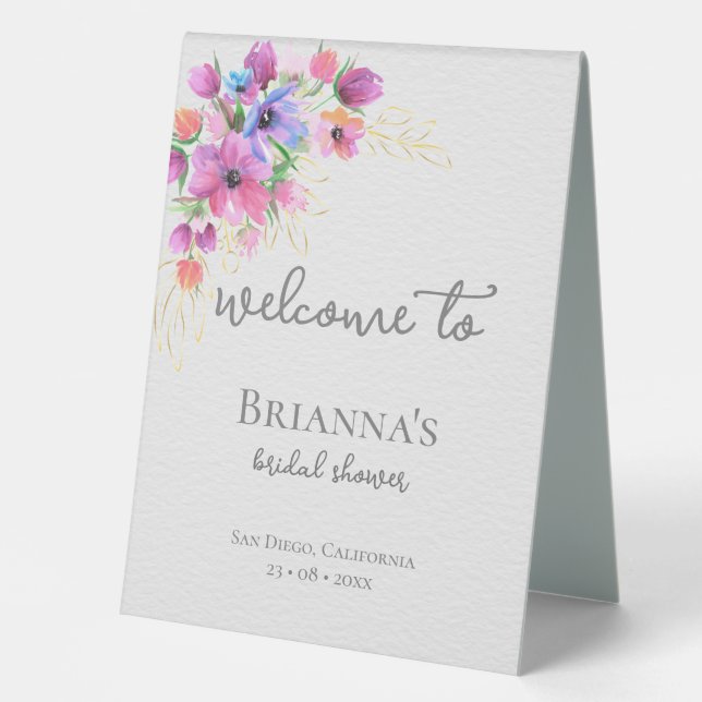 Bright Flowers and Gold Bridal Shower Welcome Table Tent (Front)