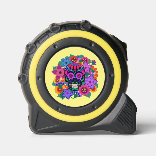 Bright Flowers Felt Look Sugar Skull Motif Tape Measure (Front)