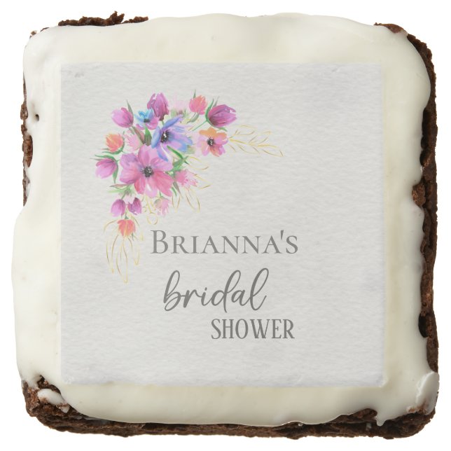 Bright Flowers Golden Greenery Bridal Shower Brownie (Front)