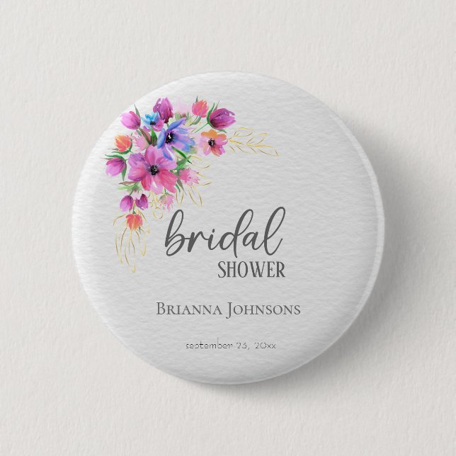 Bright Flowers Golden Greenery Bridal Shower Button (Front)
