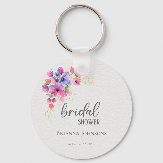 Bright Flowers Golden Greenery Bridal Shower Keychain (Front)