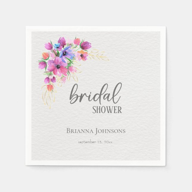 Bright Flowers Golden Greenery Bridal Shower Napkins (Front)