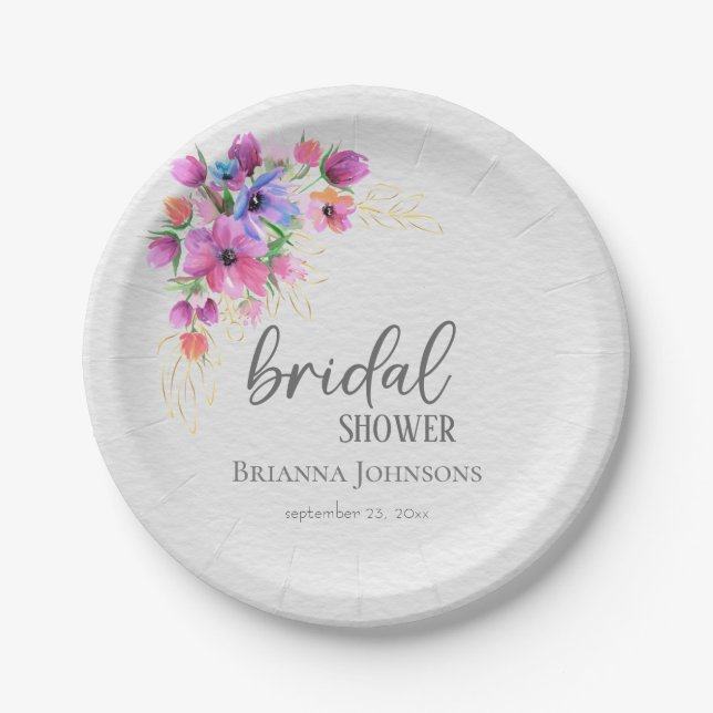 Bright Flowers Golden Greenery Bridal Shower Paper Plates (Front)