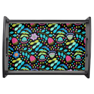 Bright Flowers on Black Serving Tray