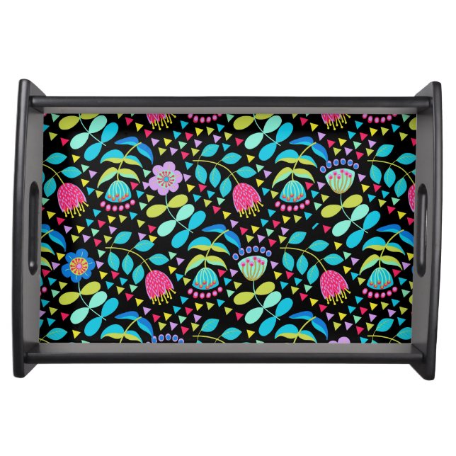 Bright Flowers on Black Serving Tray (Front)