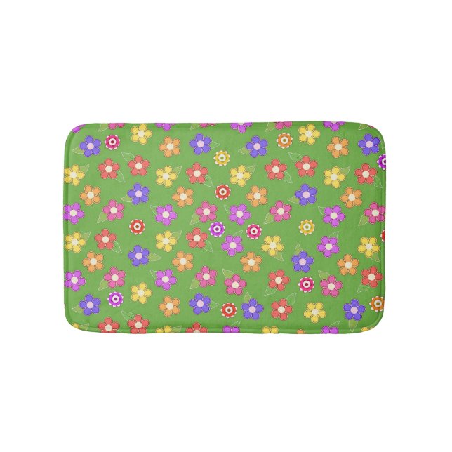 Bright Flowers on Green Bath Mat (Front)