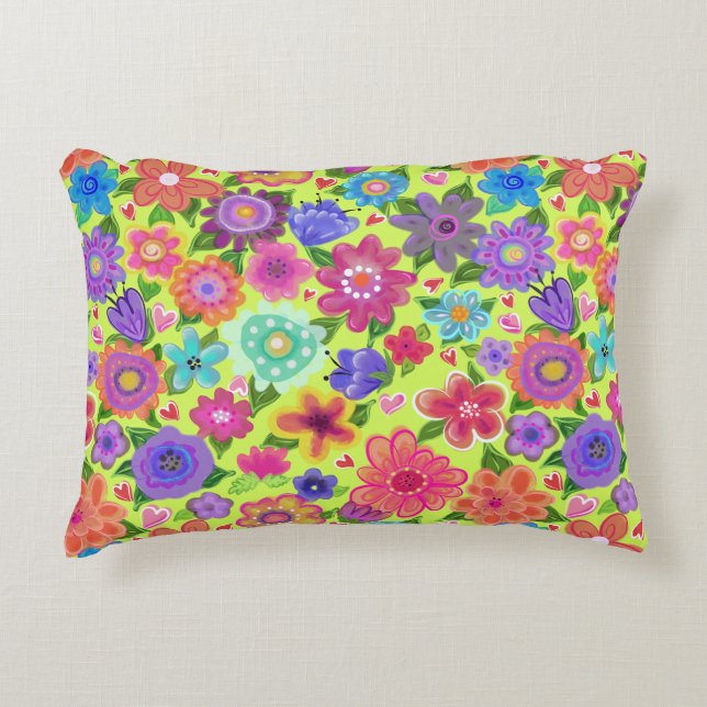 Bright Flowers on Peridot Background Boho Style Accent Pillow (Front)