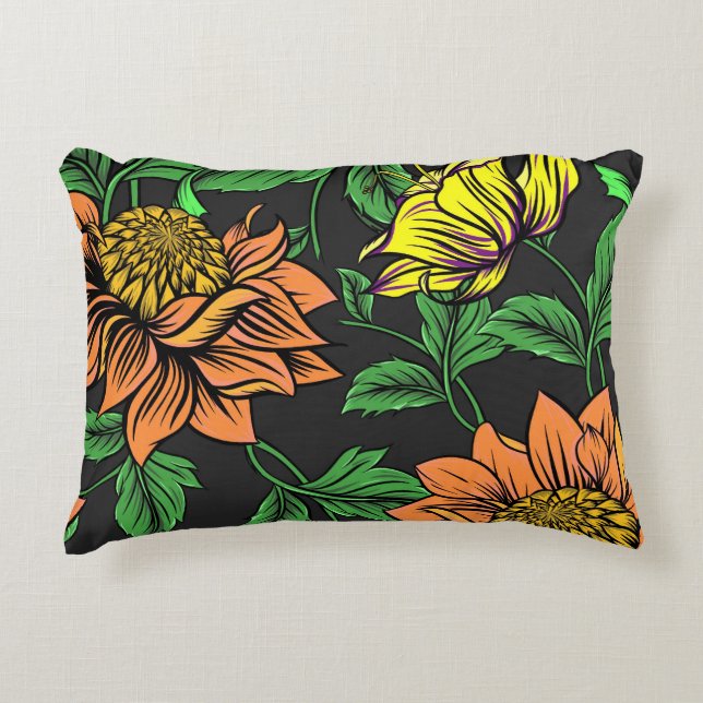 Bright Flowers Pop from Black Background Accent Pillow (Front)