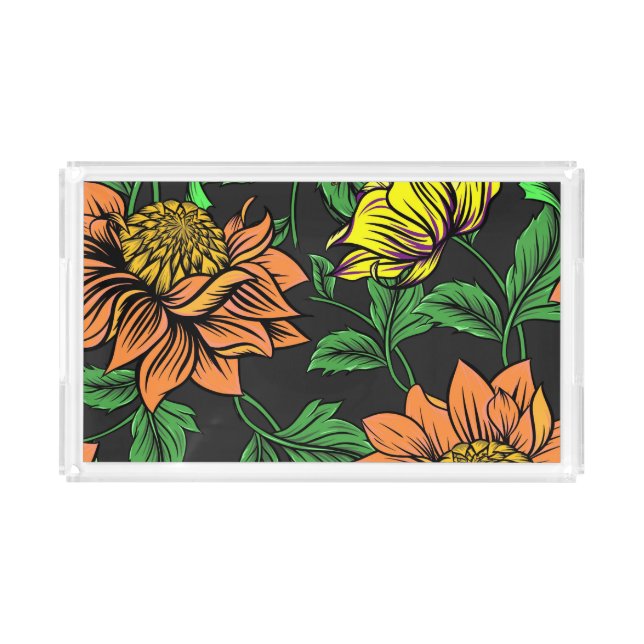 Bright Flowers Pop from Black Background Acrylic Tray (Front)