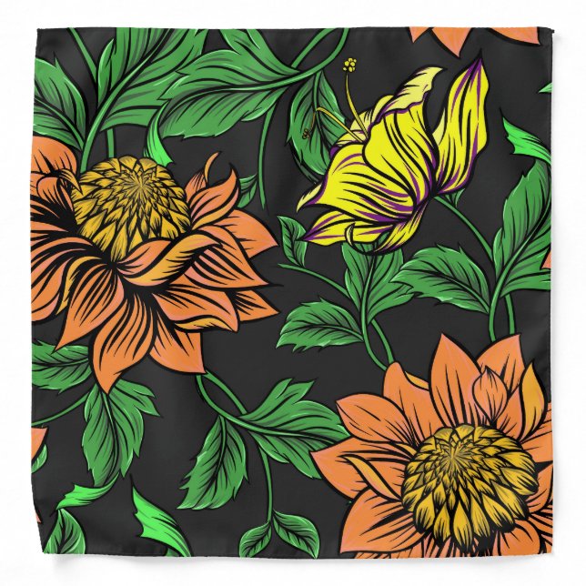Bright Flowers Pop from Black Background Bandana (Front)