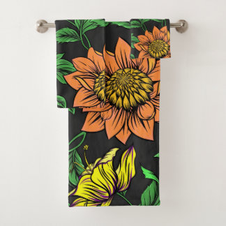 Bright Flowers Pop from Black Background Bath Towel Set