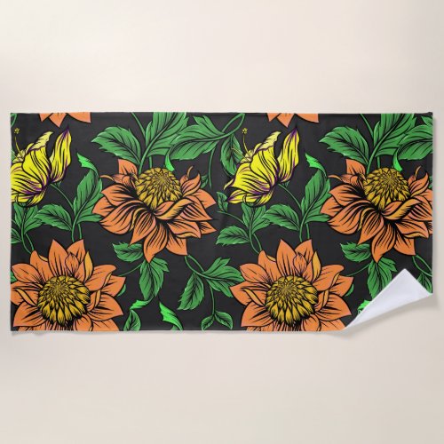 Bright Flowers Pop from Black Background Beach Towel
