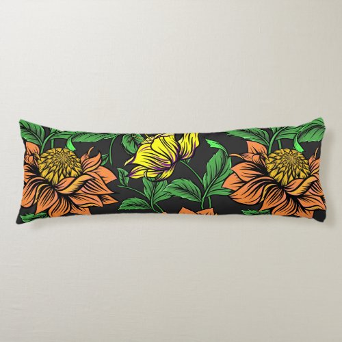 Bright Flowers Pop from Black Background Body Pillow