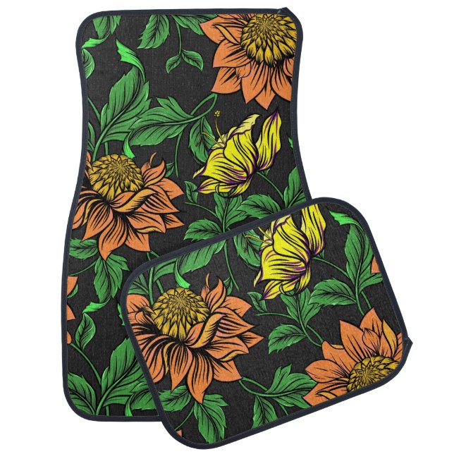 Bright Flowers Pop from Black Background Car Floor Mat (Set)