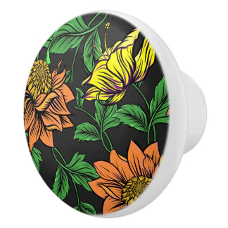 Bright Flowers Pop from Black Background Ceramic Knob