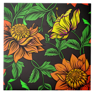 Bright Flowers Pop from Black Background Ceramic Tile
