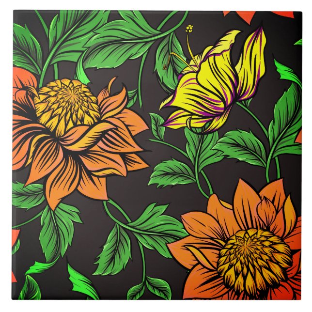 Bright Flowers Pop from Black Background Ceramic Tile (Front)