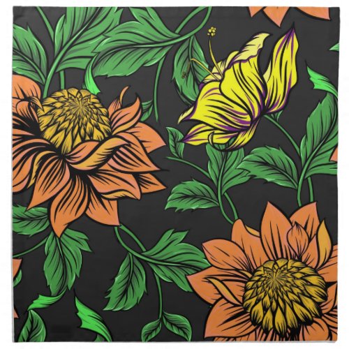 Bright Flowers Pop from Black Background Cloth Napkin
